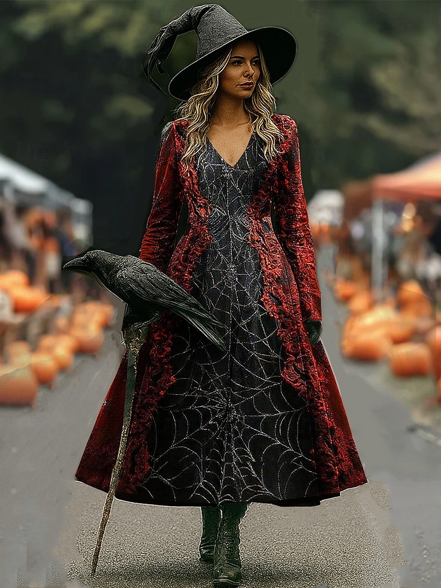 Halloween Per donna Abito maxi Abito a trapezio Vacanza Casual Boho Spiaggia Vestibilità regolare Floreale Grafico Manica Lunga Scollo a V Nero Rosso scuro Vino Rosso Primavera Autunno del 2025 a $35.99 –P3