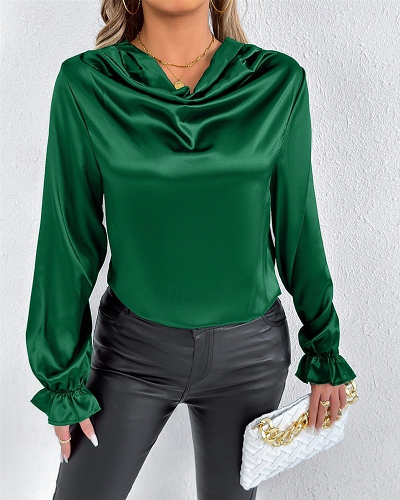 Жен. Рубашка Elegant Нарядный Атласный верх Драпировка Сплошной цвет Стиль На каждый день Длинный рукав Вырез-хомут Обычные топы Повседневные На выход Черный Розовый Зеленый Абрикосовый Весна Осень 2026 - $27.99 –P2