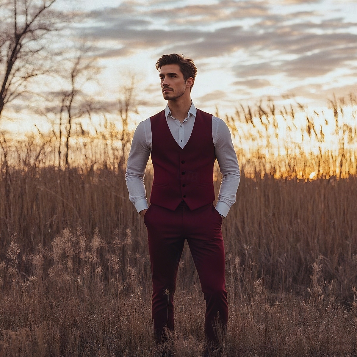 2025年 男性用 結婚式 ウェディングスーツ ノッチドラペル ブラック バーガンディー フォーマル ソリッド スリムフィット 2点セット  コレクション – $79.99 –P5