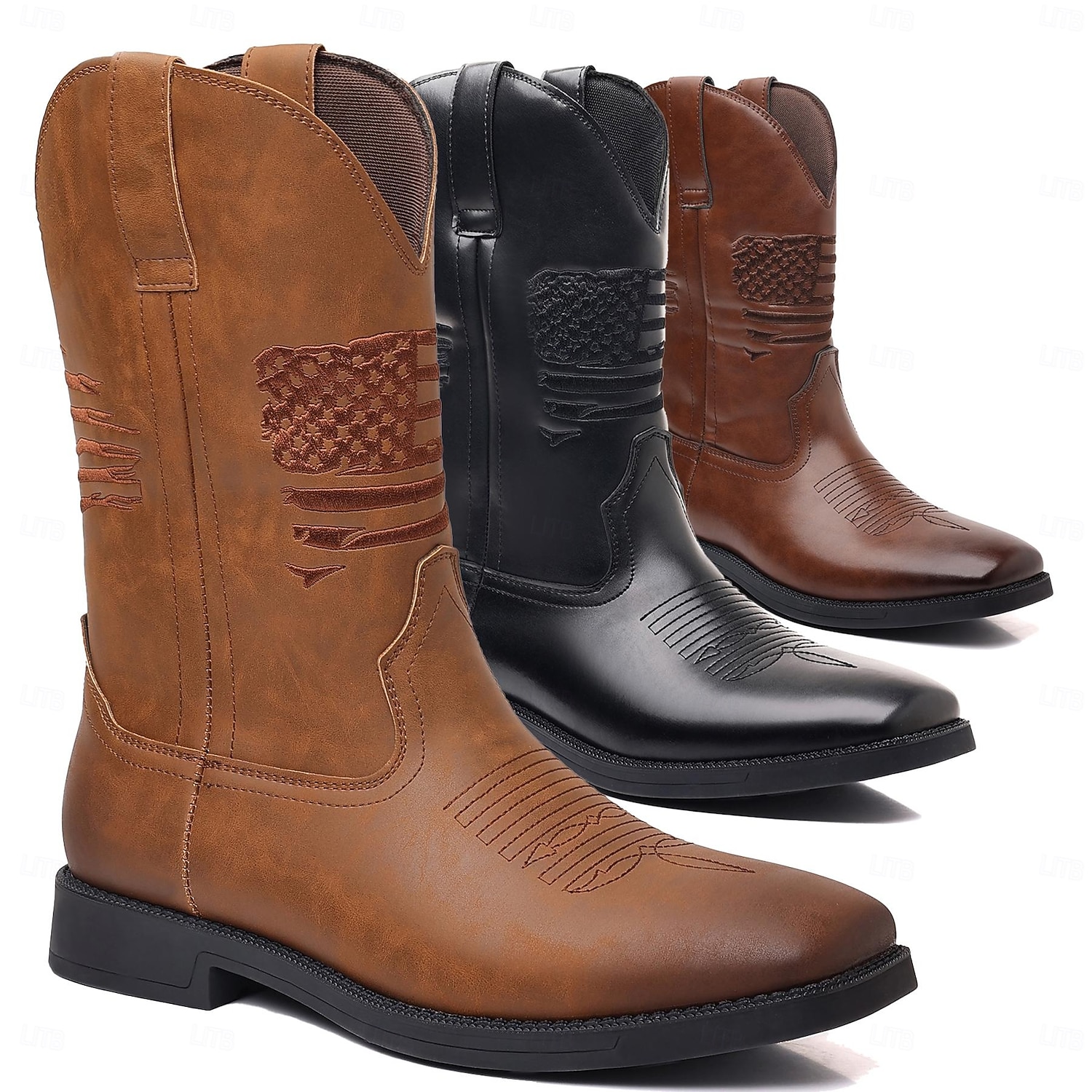 stivali da lavoro da cowboy da uomo con bandiera americana in rilievo - stivali western in similpelle marrone resistente con suola robusta per abbigliamento casual e all'aperto del 2025 a $69.99 –P4