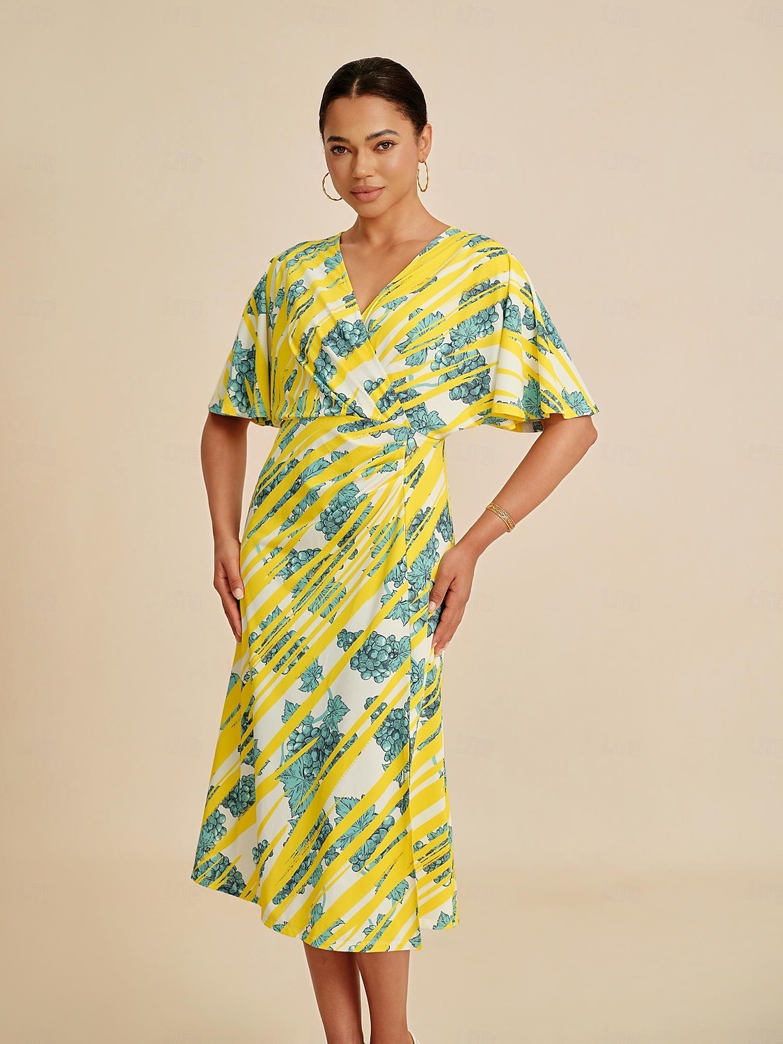 abito midi da donna manica a pipistrello elasticizzato stampa audace elegante versatile casual quotidiano primavera estate autunno del 2025 a $86.99 –P2