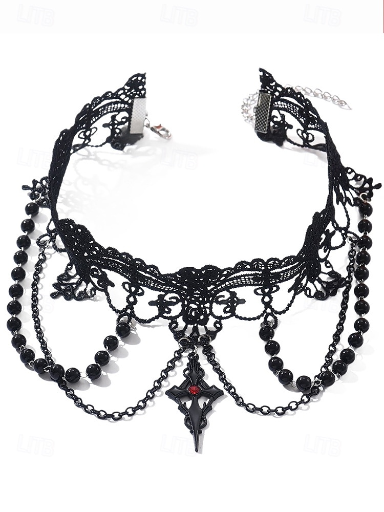Zestaw damski naszyjnik i kolczyki w stylu gotyckim z koronką na Halloween – czarna koralikowa biżuteria wampirza na imprezę kostiumową i cosplay 2025 - $11.99 –P6