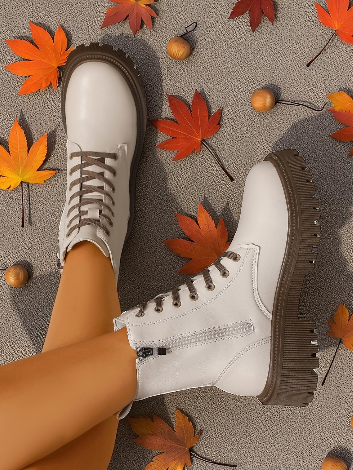 Женские белые ботинки из искусственной кожи на шнуровке с боковой молнией и массивной подошвой — стильные армейские ботинки для кей-попа, уличной моды и повседневных образов. 2026 - $34.99 –P3