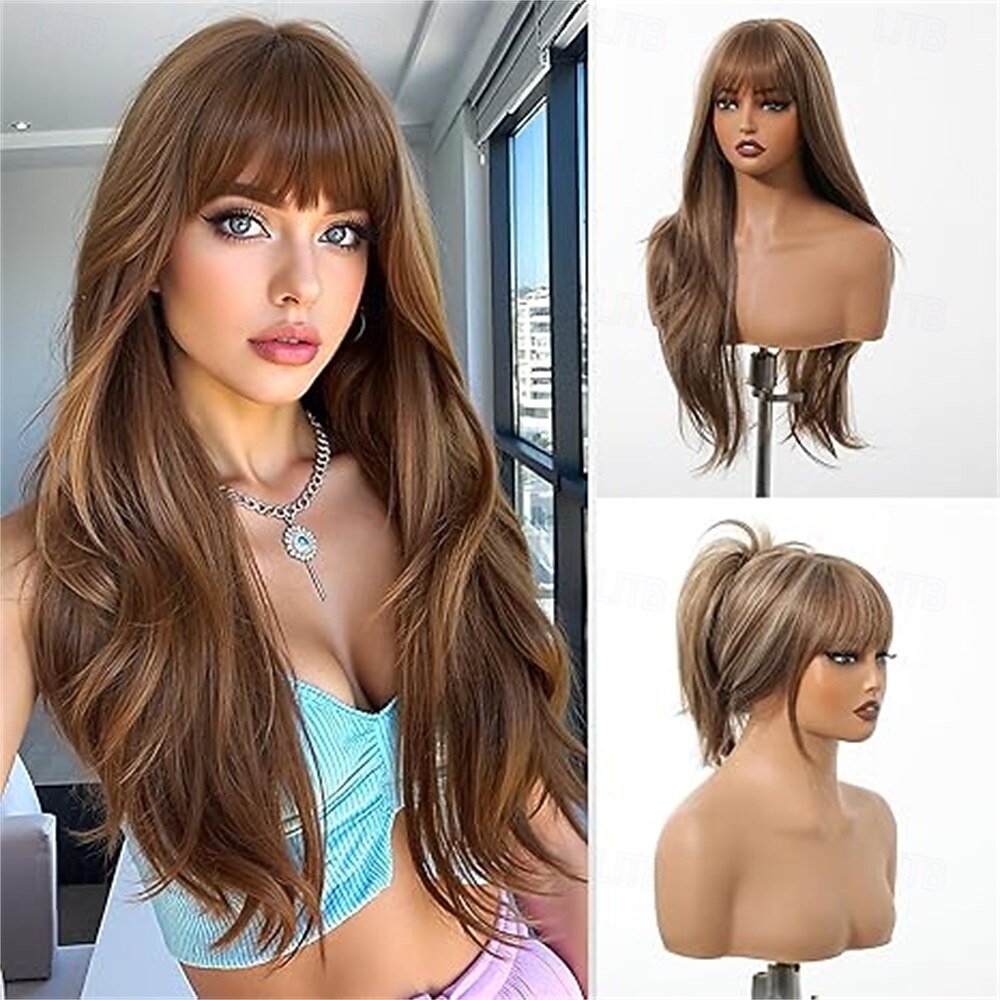 2026年 前髪付きロングブロンドストレートウィッグ、ロングオンブレブロンド合成レイヤーウィッグ、女性用デイリーユース26インチ  コレクション – $23.99 –P9