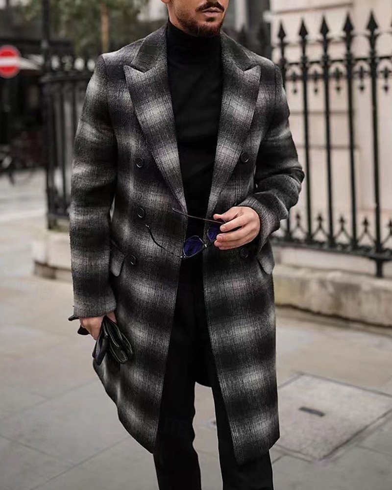 Men's Overcoat Trench Coat Long Trench Coat Vacation Daily Fall Winter Polyester Windproof Warm Outerwear Clothing Apparel Fashion Classic Plaid Pocket Lapel Open Front 2026 - $69.99 –P1