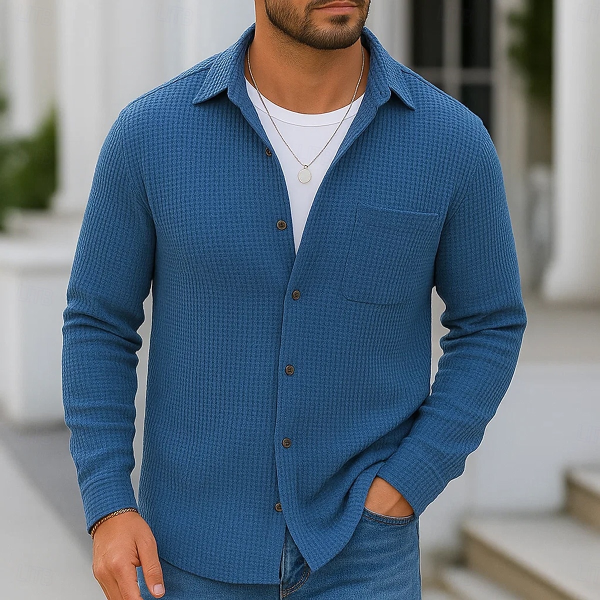 Per uomo Camicia Camicia a nido d'ape Camicia Estiva Camicia casual Camicia con Bottoni Nero Borgogna Blu Verde Kaki Manica Lunga Semplice Testurizzato Bavero Vacanza Casuale Tasca Abbigliamento Moda del 2025 a $23.99 –P5