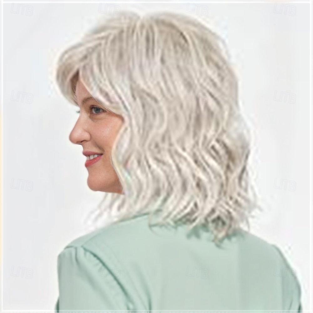 Peruca feminina bob ondulada cinza prateada, cabelo sintético realista de aparência natural, resistente ao calor, comprimento dos ombros, franja lateral, elegante, uso diário, estilo fashion de 2026 por SGD S$28.76 –P4