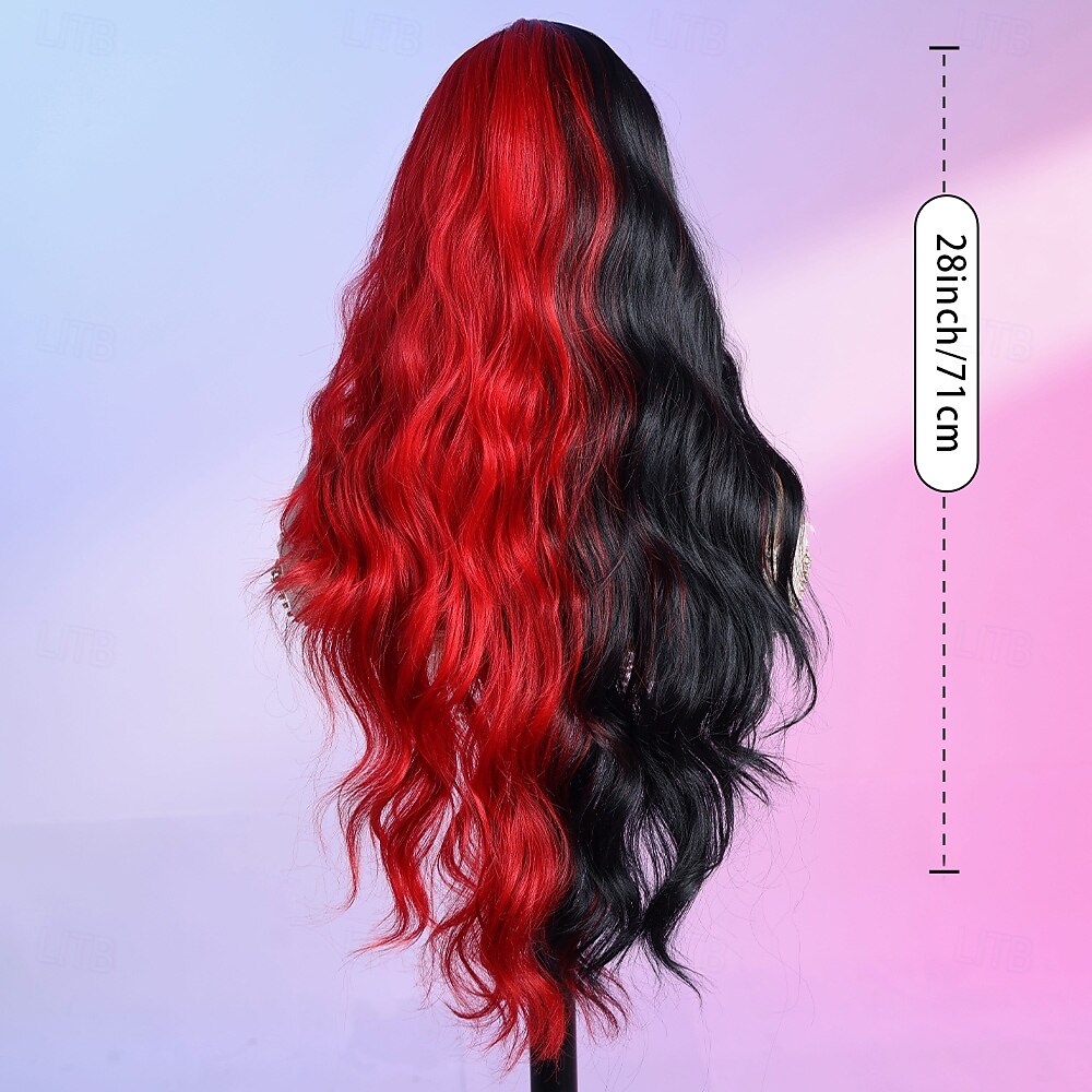 2026年 合成レースウィッグ ウェーブ スタイル 28 インチ マルチカラー ミドル部 Uシェイプ かつら 女性用 かつら 黒/赤  コレクション – $40.99 –P6