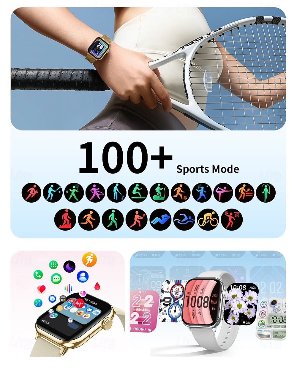 Montre connectée grand écran 1,85 pouces pour hommes et femmes, appels Bluetooth, 100 modes sportifs, fréquence cardiaque, sommeil, santé, musique locale, météo de 2025 ? $57.99 –P3