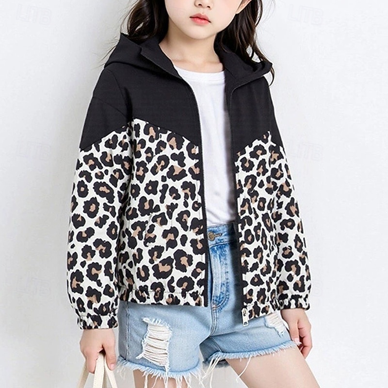 Barn Flickor Vandringsjacka Friluftsjacka Kappa Leopard Mode Dragkedja Ficka Vindtät Utomhus Täcka Ytterkläder 4 år + Vår Vit+Svart 2025 - $20.99 –P3