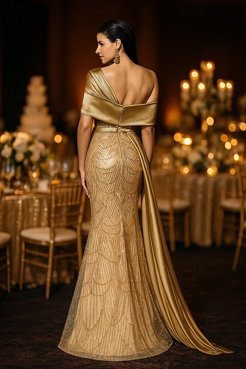 Sirena Tromba Lunghezza al pavimento Abito da ballo con mantello Abito da Sera Abito formale Elegante Scintillante Brillanti Senza Maniche Senza Spalle Matrimonio Formale Con Paillettes con Glitter del 2026 a $218.49 –P5