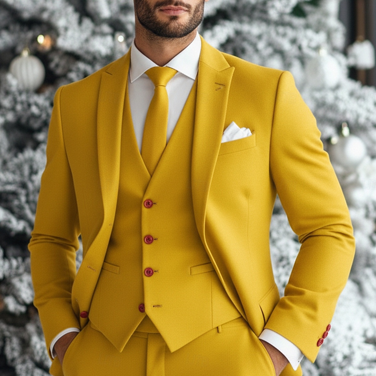2026年 男性用 タキシード パーティースーツ カジュアル クリスマス イエロー ルビーレッド 冬 スーツ ノッチドラペル フォーマル ソリッド プラスサイズ 3点セット シングルブレスト 一つボタン  コレクション – $115.99 –P3