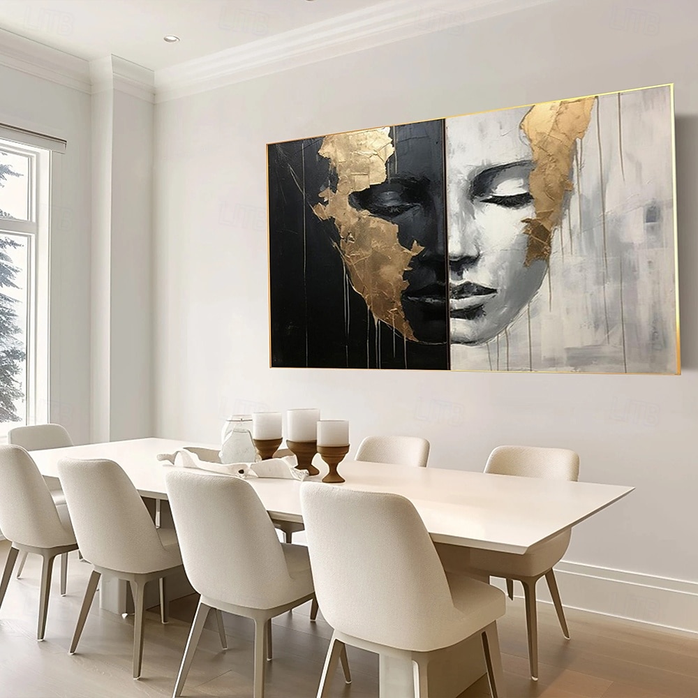 Peintures abstraites de visages de filles peintes à la main sur toile, peinture noire et blanche, œuvres d'art figuratives dorées, peinture murale minimaliste pour la décoration intérieure, cadre de 2025 ? $131.99 –P5