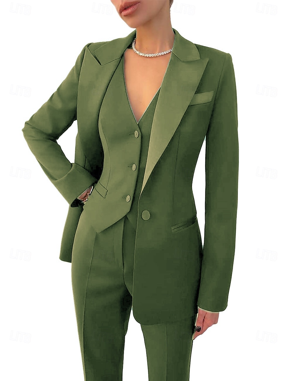 2025年 女性用 3ピーススーツ フォーマル 結婚式のゲスト ストレッチクレープ エレガント シンプル ミニマリスト 長袖 アンクル丈 ピークラペル シングルブレスト  コレクション – $174.99 –P9