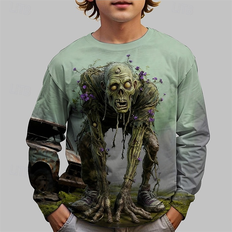 Halloween Poikien 3D Haamu T-paita Pitkähihainen Kevät Syksy Muoti Perus Lapset 4-12 vuotta Tiukka pyöreä kaula-aukko ulko- Kausaliteetti Päivittäin Normaali 2025 - $13.99 –P1