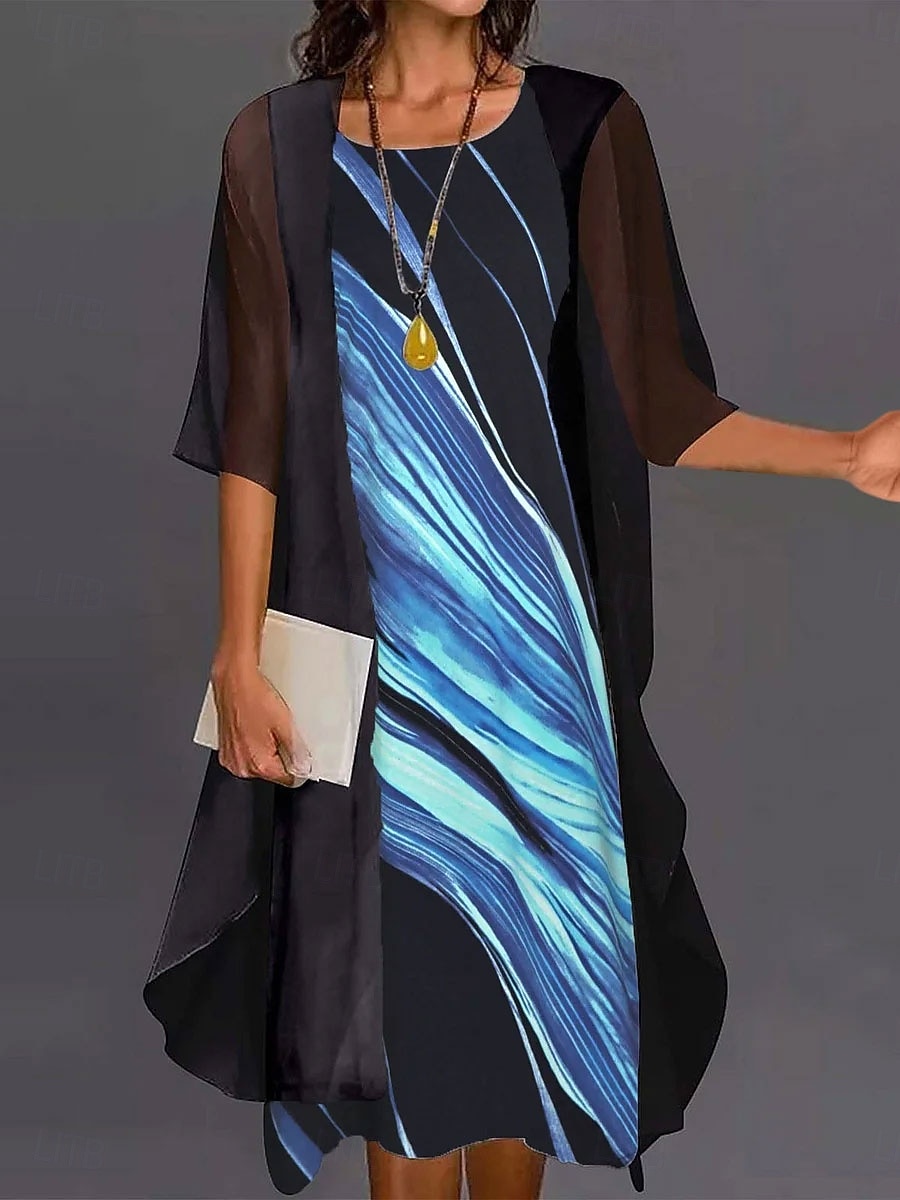 Dames Jurk Set A lijn jurk Vakantie Casual Grafisch Streep Meerlaags Afdrukken Mini-jurk Halve mouw Strakke ronde hals Dagelijks Zwart blauw Beige Zomer Lente Ruim Passend 2025 - $37.99 –P3