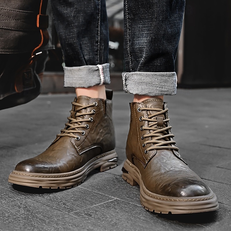Per uomo Stivali Retrò Camminata Vintage Quotidiano PU Confortevole Stivali a Metà Polpaccio Allacciatura Nero Cachi Primavera Autunno del 2026 a $59.99 –P5