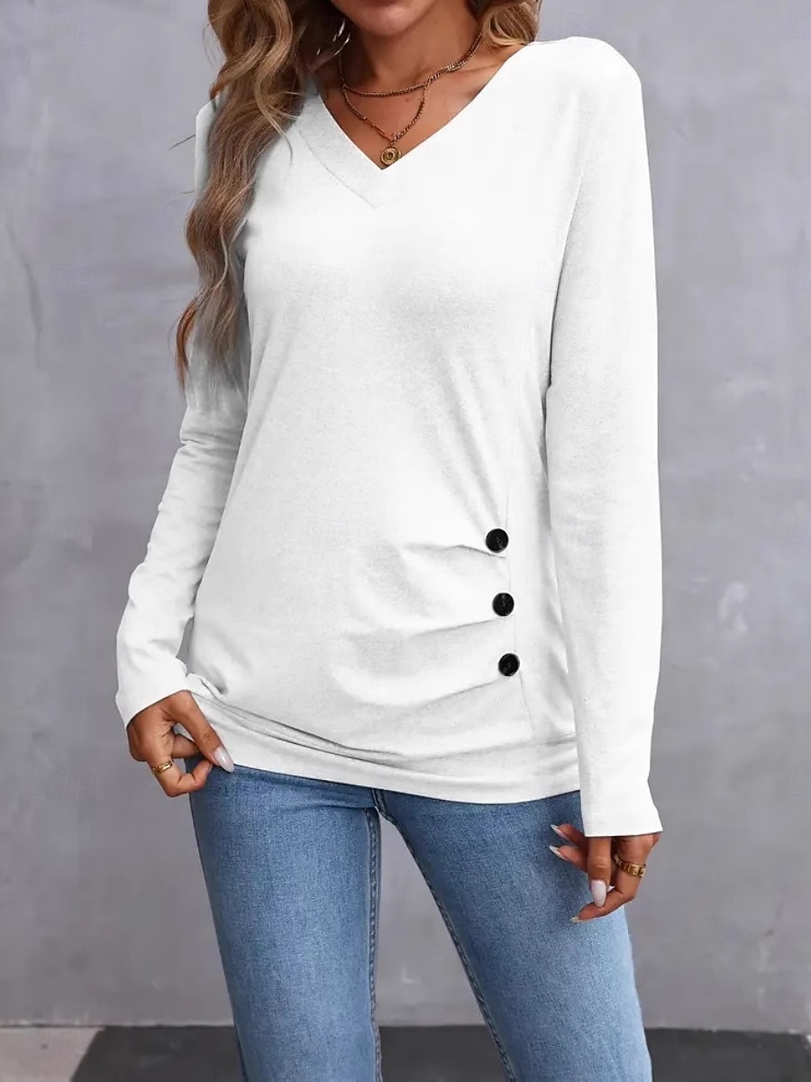 Women's Blouse Solid Color Stylish Casual Long Sleeve V Neck Regular Tops Daily Patchwork Buttons Black White Green Gray Spring Fall 2025 - $22.99 –P3