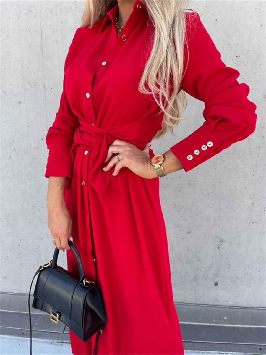 Femmes Robe Midi Robe trapèze Occasionnel Quotidien Coupe régulière Uni manche longue Revers Noir Rouge Vert Abricot Printemps Automne Hiver de 2025 ? $31.99 –P17