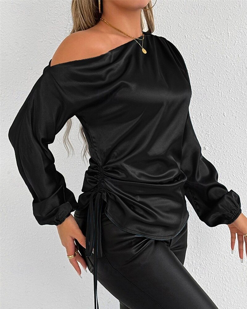 Mulheres Camisa Social Elegant Elegante Top de cetim Assimétrico Tecido à moda Casual Manga Longa ombro frio Tops regulares Diário Para Noite Preto Verde Primavera Outono de 2026 por $28.99 –P3