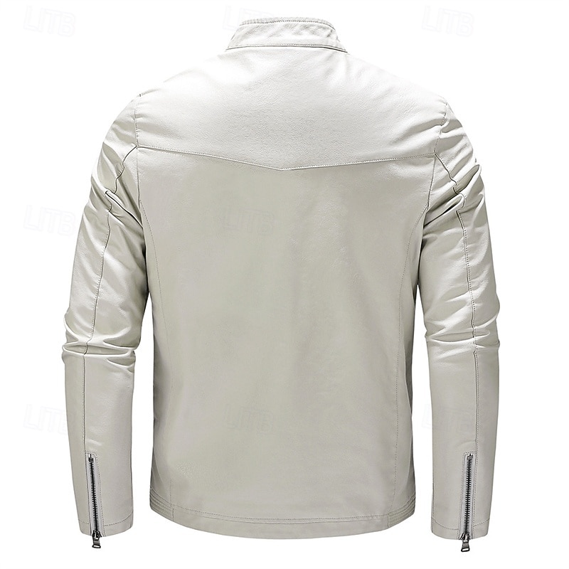 Men's Faux Leather Jacket Fleece Jacket Biker Jacket Motorcycle Jacket Vacation Daily Windproof Warm Pocket Fleece Fall Winter Plain Fashion Classic Stand Collar Regular Black White Wine Jacket 2025 - $54.99 –P3