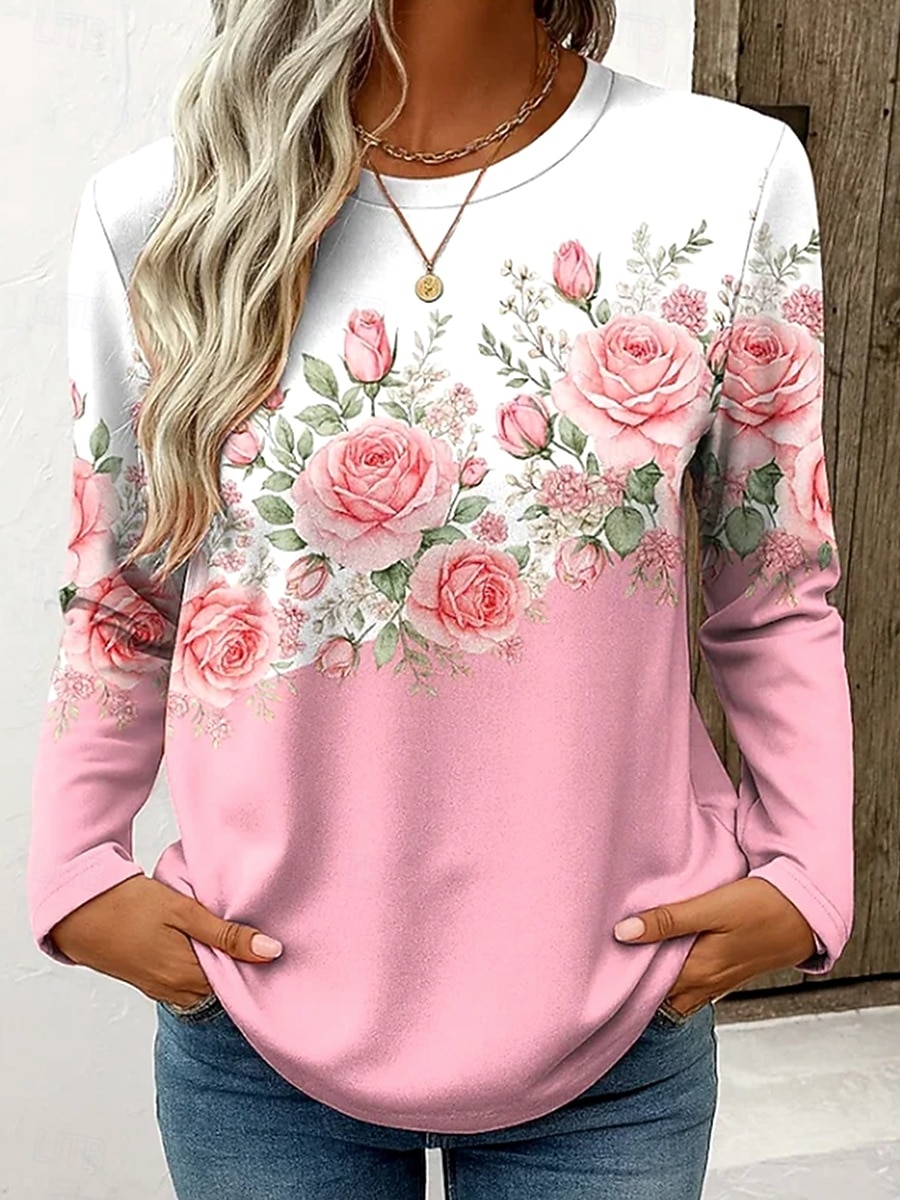 Per donna Maglietta Stampato Floreale Grafico Piante Vintage Elegante Classico Manica Lunga Girocollo Top Regolari Quotidiano Rosa Primavera Autunno Inverno del 2026 a $24.99 –P1