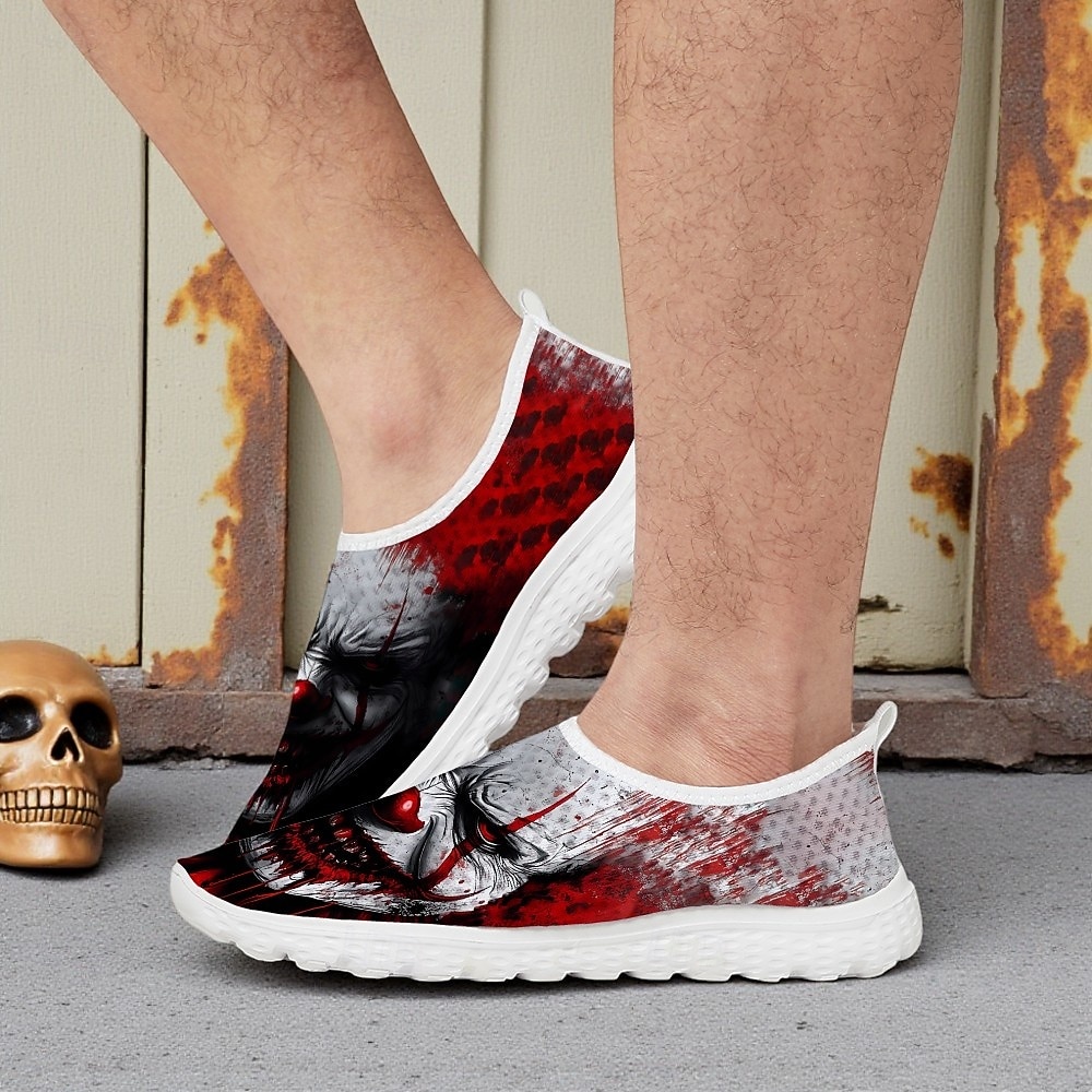 Baskets à enfiler pour hommes avec imprimé visage de clown effrayant, chaussures décontractées de style horreur pour costume d'Halloween et marche de 2025 ? $29.99 –P4
