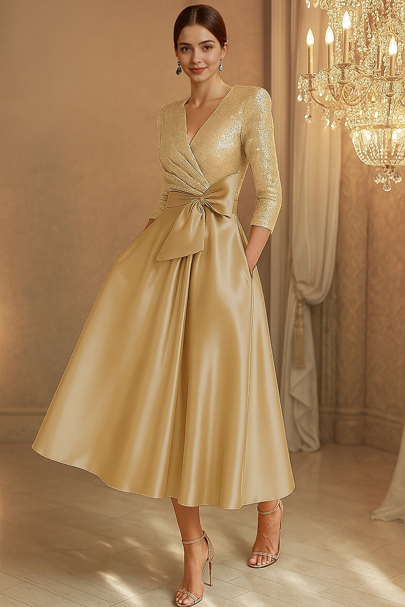 Linia -A Rochii de cocktail Elegant Rochie formală Oficial Nuntă Lungimea ceaiului Lungime Manșon 3/4 În V Satin întins cu Arc 2025 2025 - $164.99 –P5