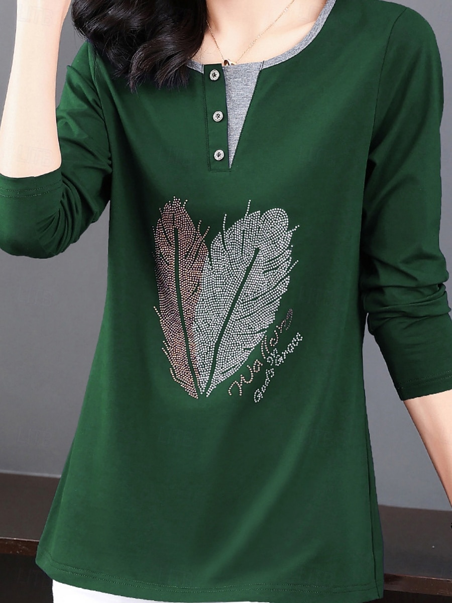 Damen Bluse Feder Stilvoll Lässig Langarm Rundhalsausschnitt Normale Oberteile Täglich Patchwork Salbeigrün Schwarz Rosa Rote Königsblau Frühling Herbst 2025 - $12.99 –P11