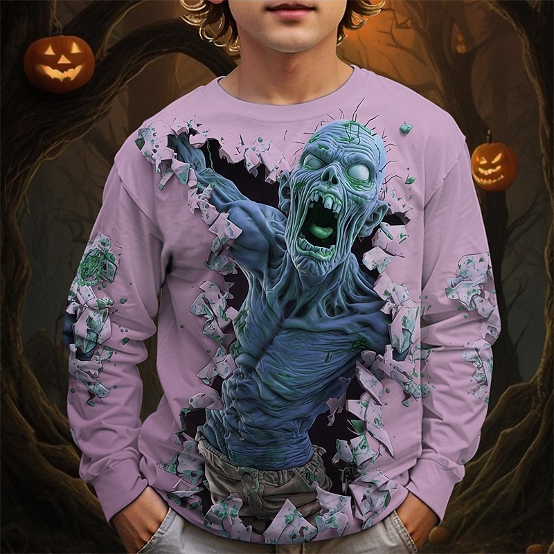 Halloween pojkars t-shirt med 3D-dödskalle långärmad vår höst mode grundläggande barn 4-12 år rund hals utomhus casual daglig normal passform 2025 - $13.99 –P4