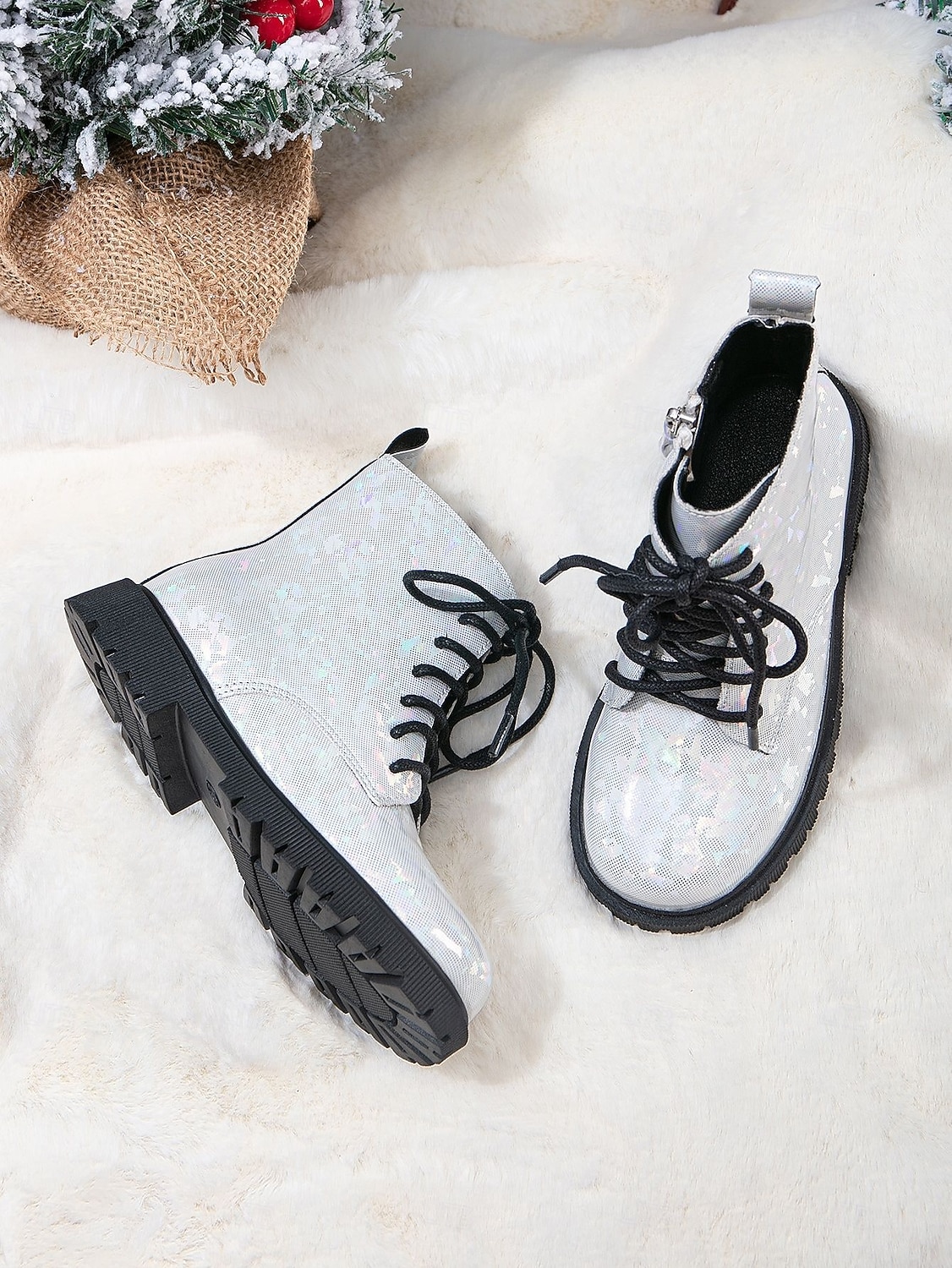 Korealaisesta idolista inspiroituneet poptähden naamiaiskengät tyttöjen hopeanväriset kimaltelevat maiharit nauhoilla, sivuvetoketjulla ja liukumattomalla pohjalla, talvimuodin mukaiset kengät 2026 - $42.99 –P5