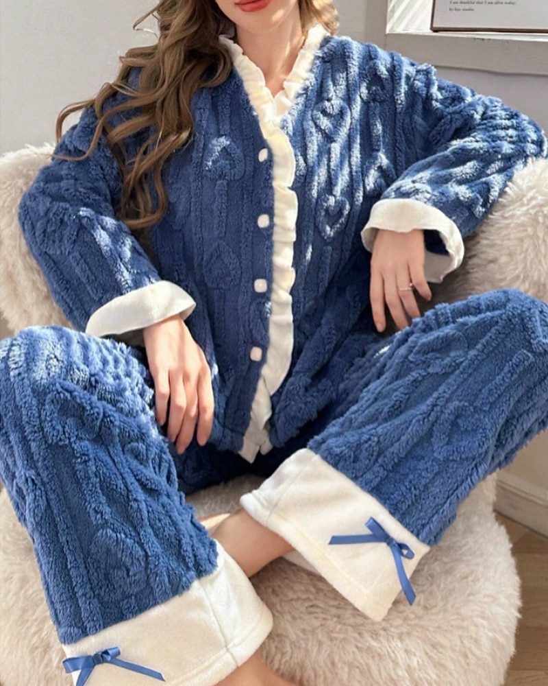Mujer Pijamas Ropa de salón Conjunto pijama 2 Piezas Confort Suave Retazos Cintura elástica Botones Pantalón Hogar Diario Cama Manga Larga Escote en Pico Azul Oscuro Otoño Invierno 2025 - $31.99 –P1