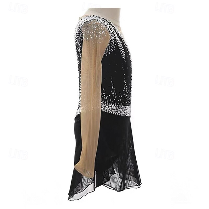Kjole til kunstløp Dame Jente Skøyteløp Kjoler Svart Lapper Tommelhull Netting Spandex Elastisk Trening Profesjonell Konkurranse Skøyteklær Hold Varm Krystall / Rhinstein Langermet Skøyting Kunstløp 2025 - $273.89 –P4