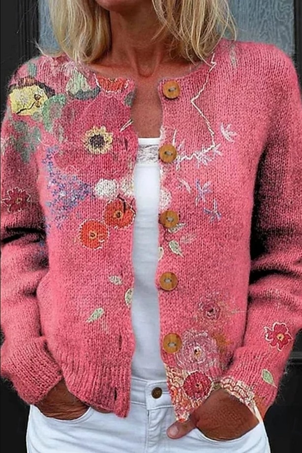 Naisten Neule Päivittäin Kukka Joustin Tiukka pyöreä kaula-aukko Napit Painettu Pitkähihainen Tavalliset topit Neuloa ulko- Viikonloppu Musta Keltainen Kevät Syksy 2025 - $36.99 –P4