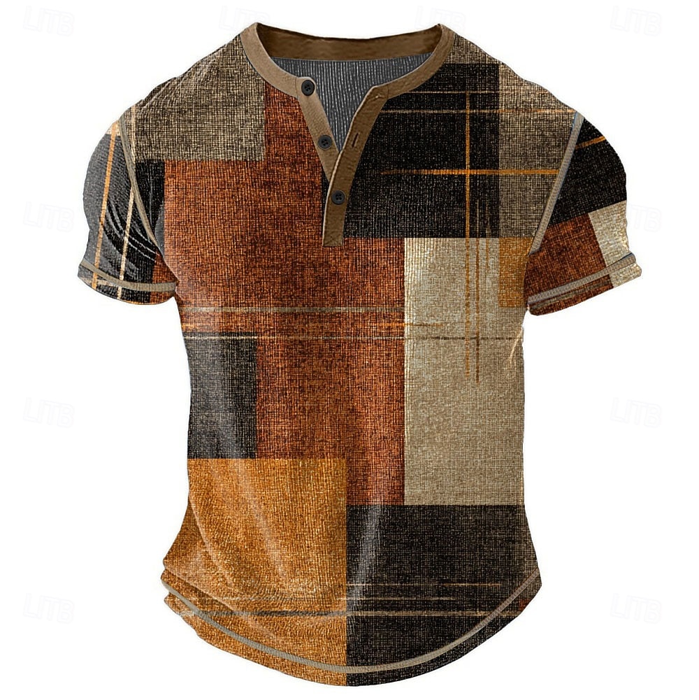 Men's Plaid Patchwork Henley Shirt Waffle T Shirt Short Sleeve Daily Retro Vintage Classic Sports Outdoor Casual Holiday Spring & Summer All Seasons Dark Brown Dark Grey Dark Blue Green Henley Henley 2026 - $28.99 –P4