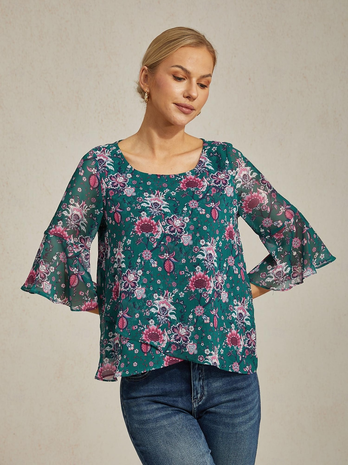 Femminile Floreale Casuale Verde Stampa Manica 3/4 Elegante Il giro Estate Primavera Autunno del 2025 a $61.99 –P4