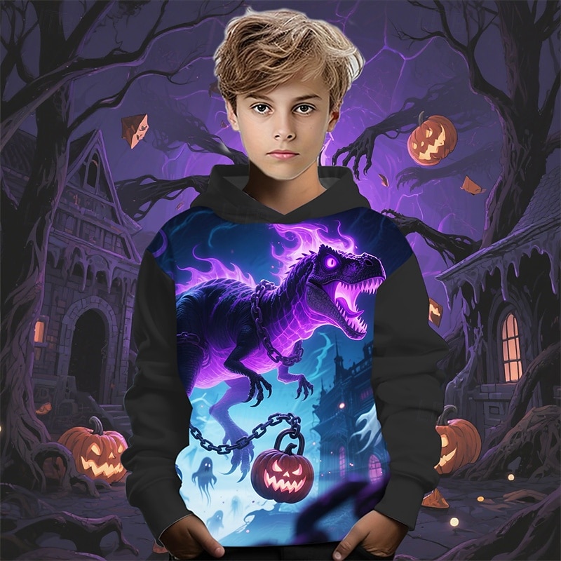 Halloween Gutt 3D Gresskar Dinosaur Hattetrøje Langermet Vår Høst Mote Gatemote Barn 4-12 år Med hette utendørs Avslappet Daglig Normal 2025 - $18.99 –P1