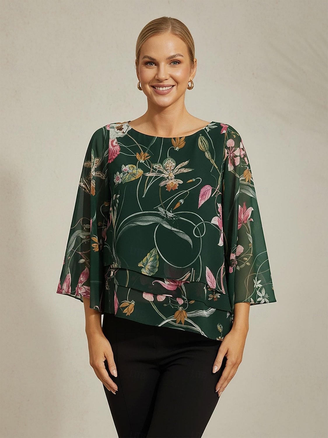 chemisier femme mousseline transparente imprimé floral vert manches mi-longues ourlet superposé col rond pull de 2025 ? $61.99 –P2