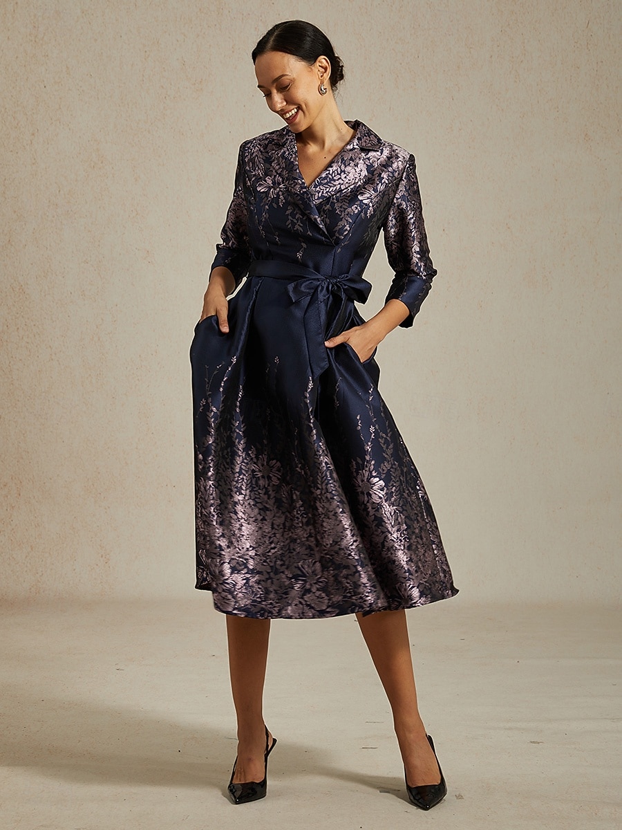 Per donna Abito Midi Tubino Elegante Compleanno Floreale Manica 3/4 Colletto a Camicia Blu marino Estate Primavera Autunno Inverno del 2025 a $169.99 –P6