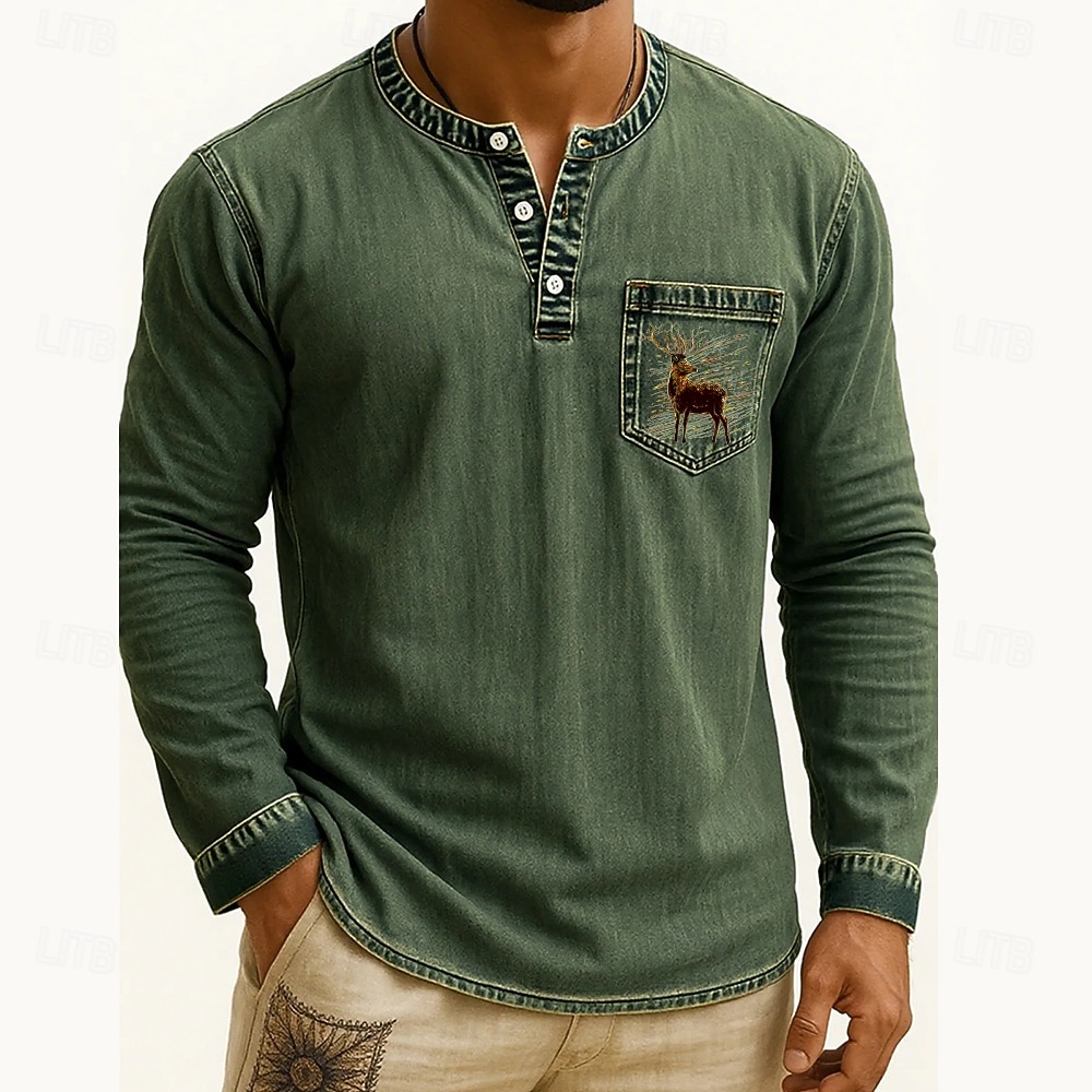 Voor heren Henley-shirt T-shirts T-shirt Shirt met lange mouwen Lange mouw Henley Herfst Winter Rendier Hert Modieus Ontwerper Mode Wijnoogst Vakantie Straat Uitgaan Donker Bruin Marine Zwart Top 2025 - $38.99 –P3