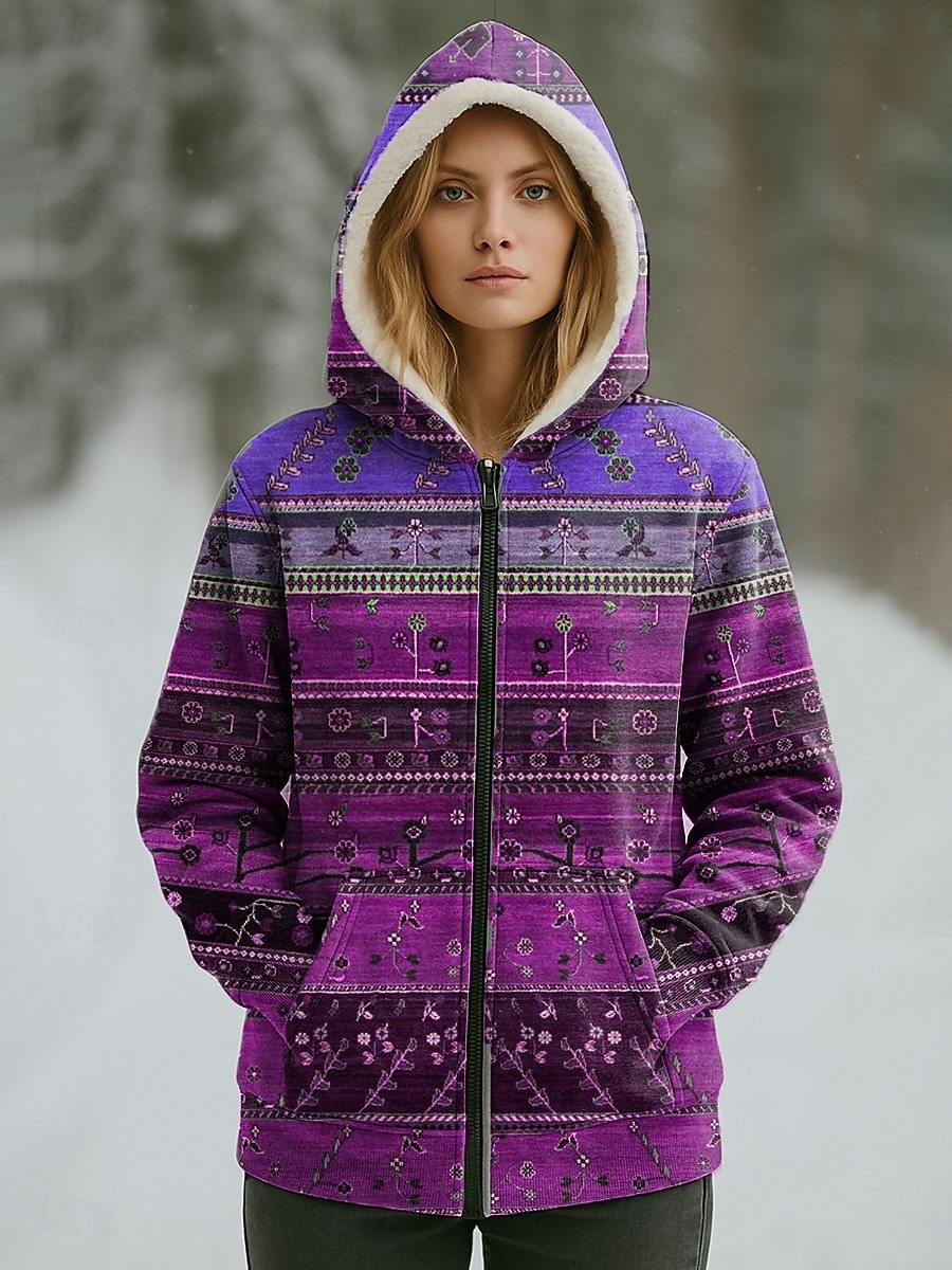 Kvinnors vinterjacka varm dragkedja ficka tryck avslappnad blommig avslappnad vanlig huva vanlig passform lång ärm ytterkläder rosa blå lila höst vinter 2025 - $47.99 –P4