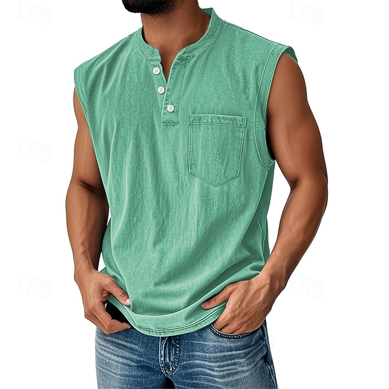 Regata masculina, camiseta sem mangas, camisa de algodão sem mangas, henley, verão, lisa, designer de moda, básica, bolsos, botões, férias, rua, saída, preta, verde claro, rosa, camiseta para homens de 2025 por GBP £18 –P10