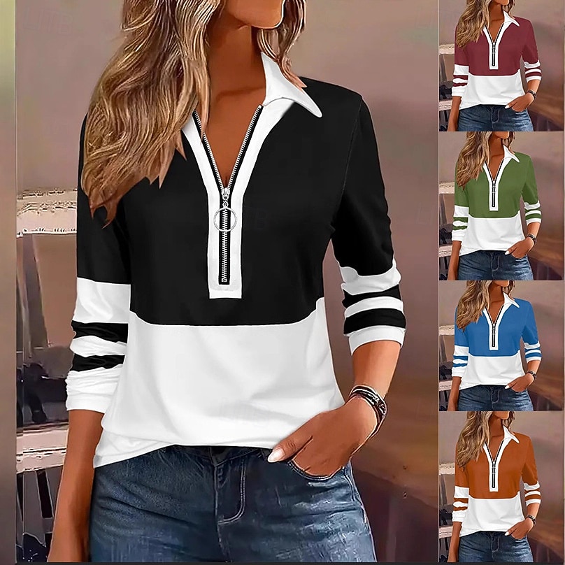 Жен. Туника Четверть молния Сплошной цвет Контрастных цветов Элегантный стиль Винтаж Стиль Длинный рукав Вырез под горло Обычные топы Повседневные Синий Черный Винный Коричневый Зеленый Весна Осень 2026 - $27.99 –P6