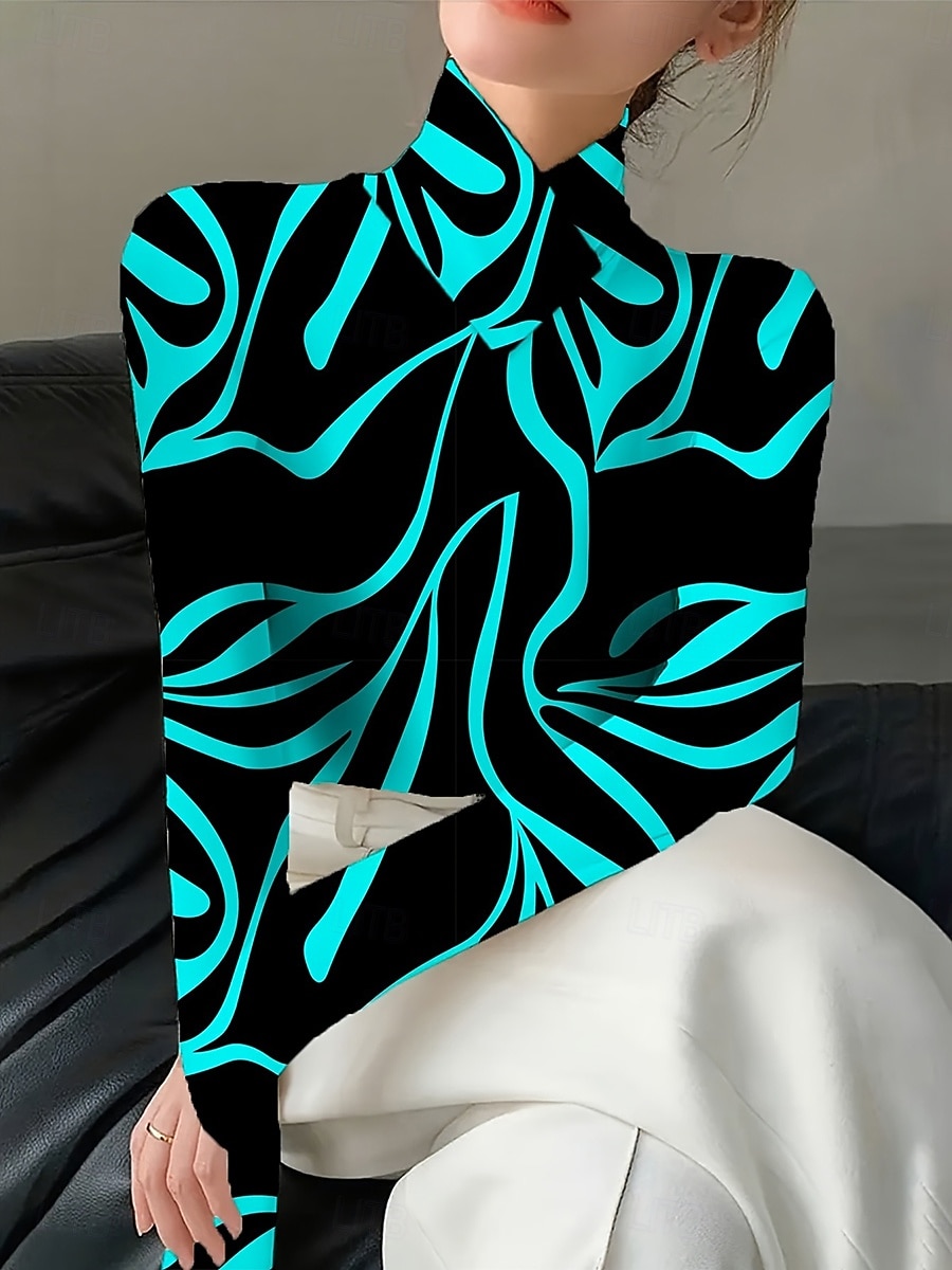 Mujer Camiseta Graphic Geometría Elegante Vintage Casual Manga Larga Cuello Alto Tops regulares Noche Azul Piscina Blanco Amarillo Rojo Otoño Invierno 2026 - $25.99 –P3