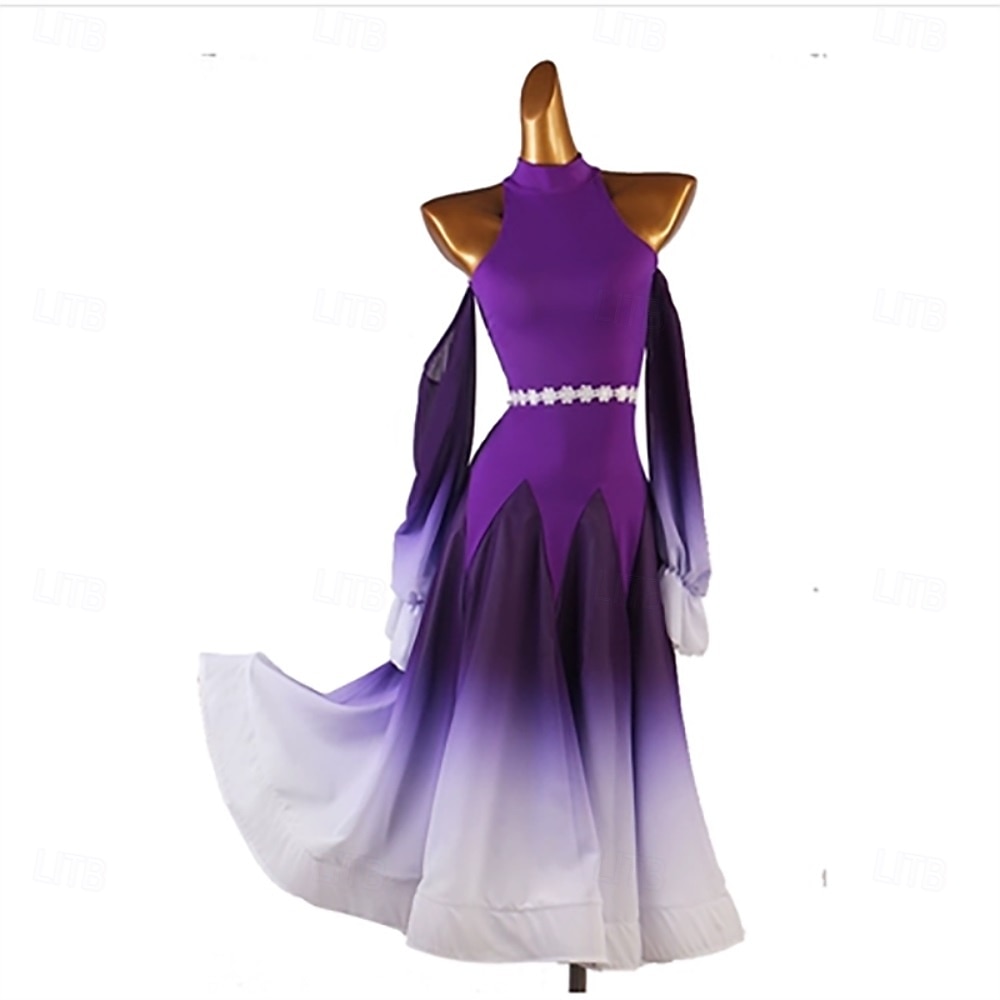 abito da ballo da sala da donna viola sfumato con maniche fluenti, cintura in vita e scollo all'americana, perfetto per balli latini, tango e performance del 2026 a $172.99 –P1
