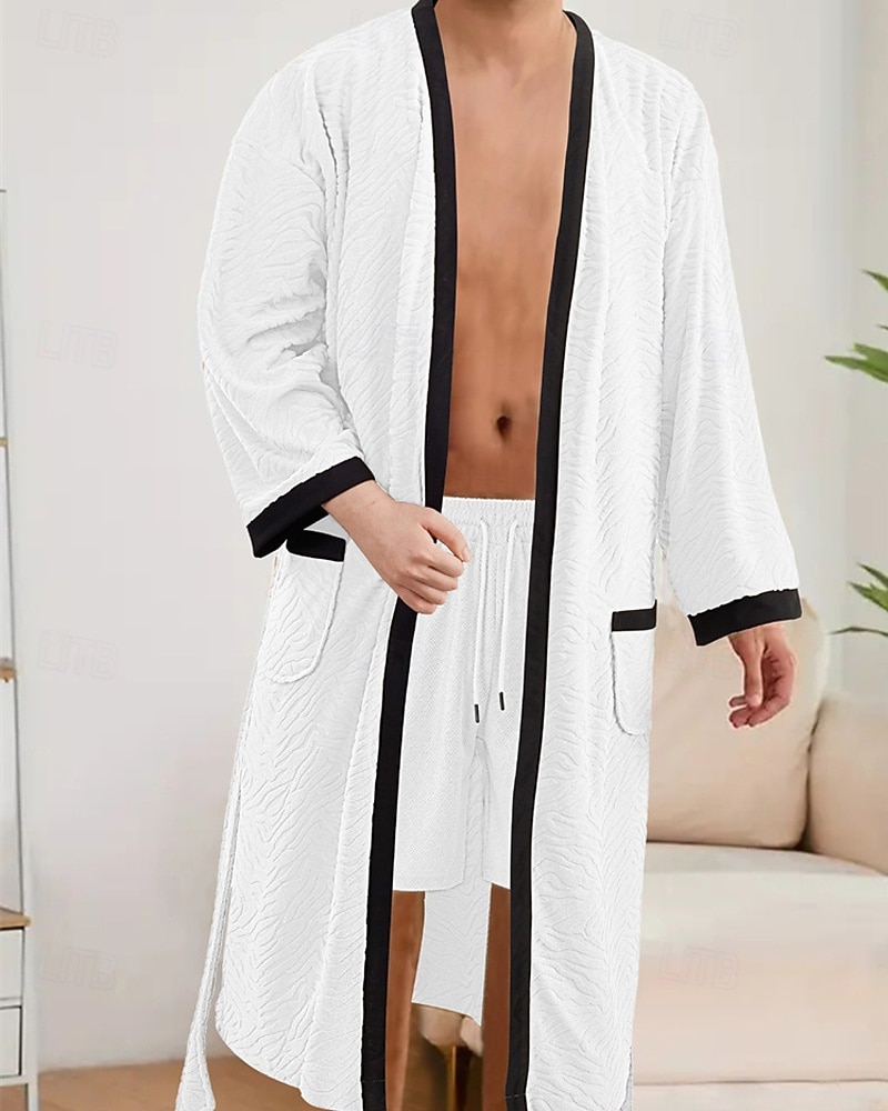 Herr Pyjamas Sovkläder Badrock Slät Mode Stylish Klassisk Hem Dagligen Säng Polyester Komfort Mjuk V-hals Långärmad Ficka Inkl. bälte Vår Höst Svart Vit 2025 - $27.99 –P19
