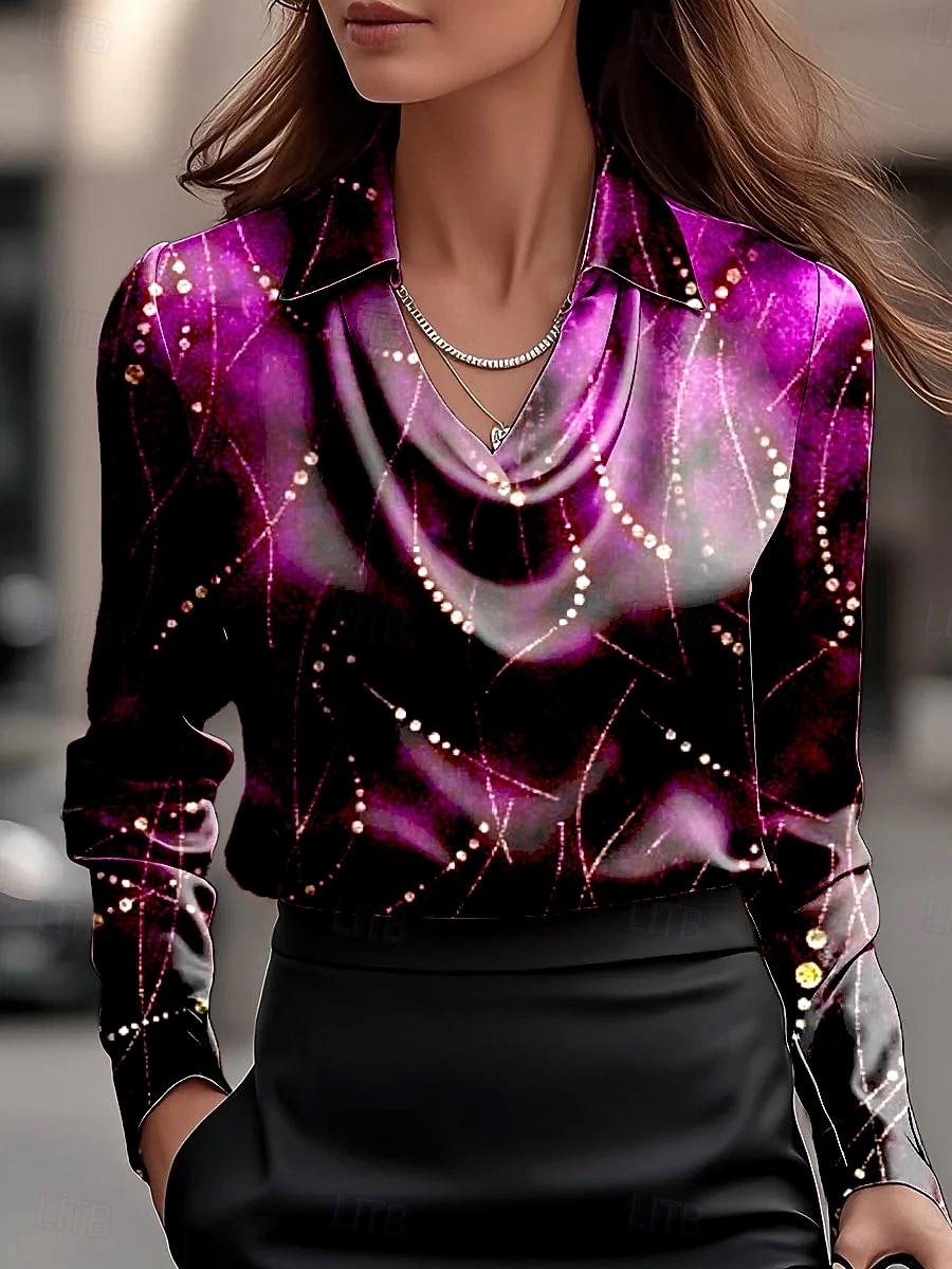 Mujer Camisa Frunce En Cortina Ombre Graphic Geométrico Elegante Casual Manga Larga Cuello vuelto holgado Tops regulares Diario Trabajo Ropa de fiesta de noche Azul Piscina Vino Morado Otoño Invierno 2026 - $32.99 –P1