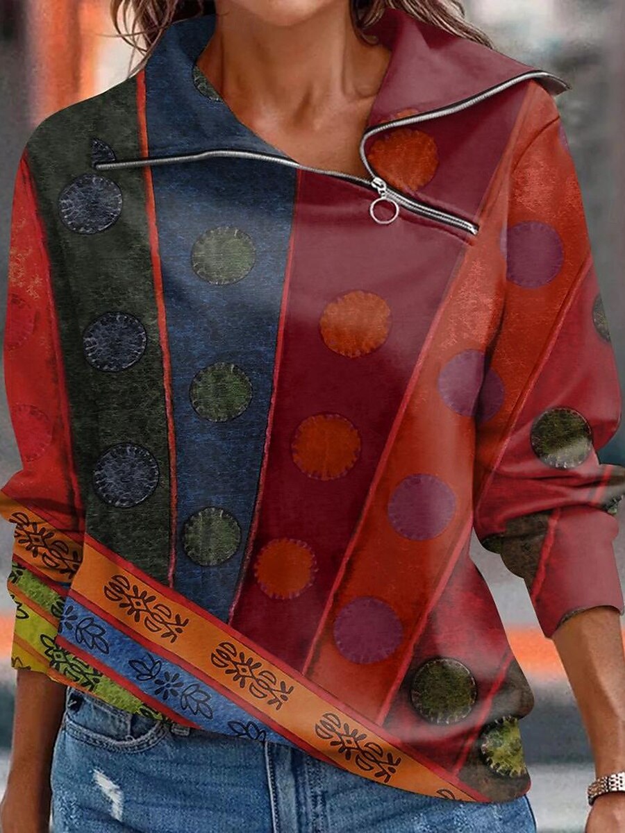 Per donna Felpe con cerniera Grafico Geometrico Casual Manica Lunga Collo Alto Top Regolari Casuale Nero Bianco Rosso Blu Autunno Inverno del 2025 a $29.99 –P1