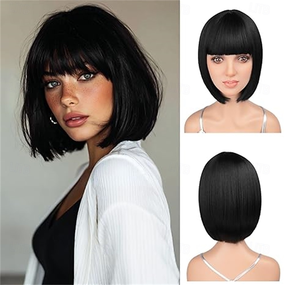 12-calowa krótka peruka typu bob w kolorze różowo-fioletowym z grzywką, kolorowa peruka na Halloween, codzienny cosplay &Peruki imprezowe odporne na ciepło, proste, syntetyczne, cosplay, 2025 - $16.49 –P5