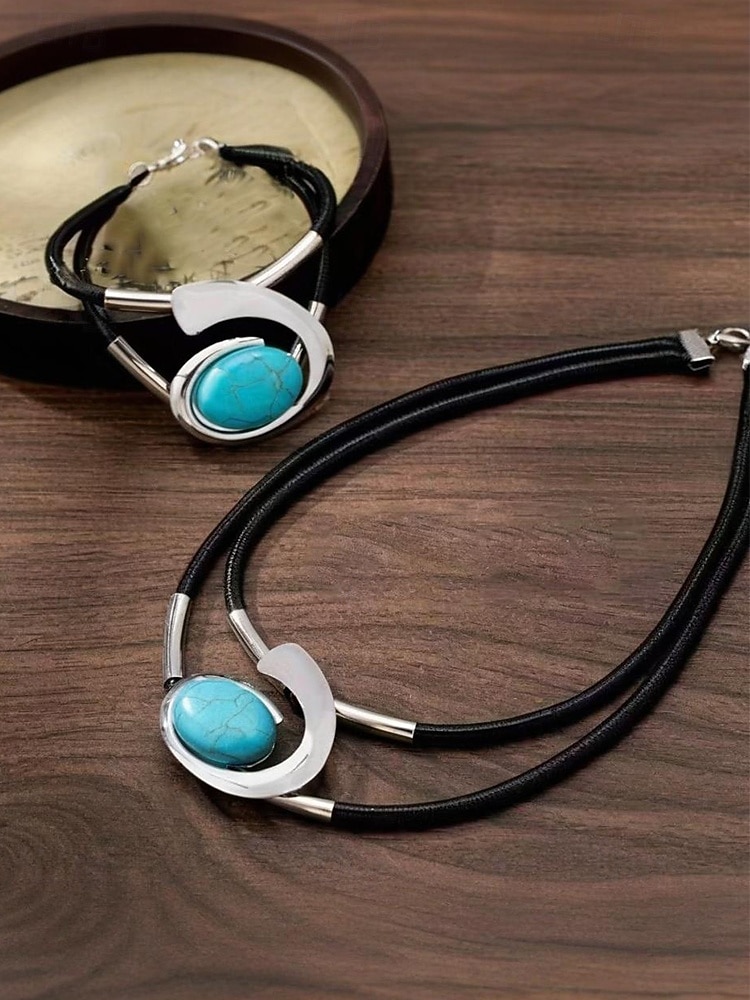 Γυναικείο σετ κοσμημάτων με μποέμ μοτίβο και στροβιλισμό, κολιέ και βραχιόλι με τιρκουάζ σχέδια σε κομψό χρυσό και ασημί, ιδανικό για πάρτι, γάμους και δώρα 2025 - $5.99 –P11